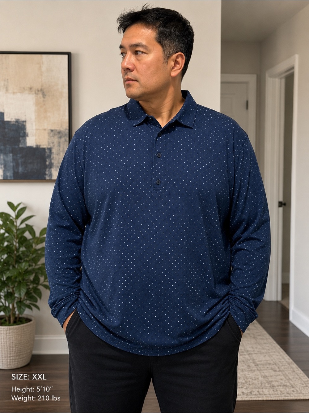 Cactus Man by Ricky Singh Men's Navy Long-Sleeve Polo Shirt with Micro Dot Print